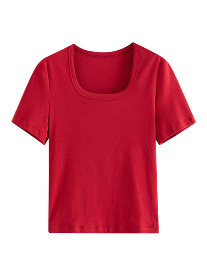 FSLE【4 colores】Camiseta informal de verano gris con cuello redondo para mujer, camisetas elásticas de manga corta con cuello cuadrado de algodón negro 24FS12797+24FS12798