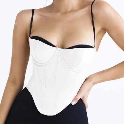 Suninheart Bustier en satin épais corset haut court avec coussinets de poitrine bretelles spaghetti haut moulant blanc hauts d'été pour femmes avec arêtes de poisson