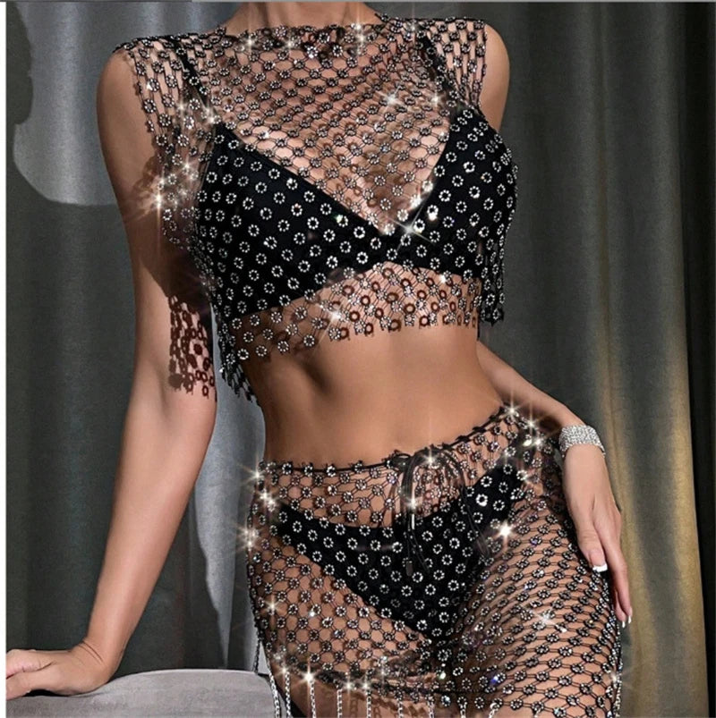 Camisetas sin mangas transparentes sexys para mujer, top corto transparente con cristales y diamantes de imitación, ropa de fiesta sexy y brillante para discoteca