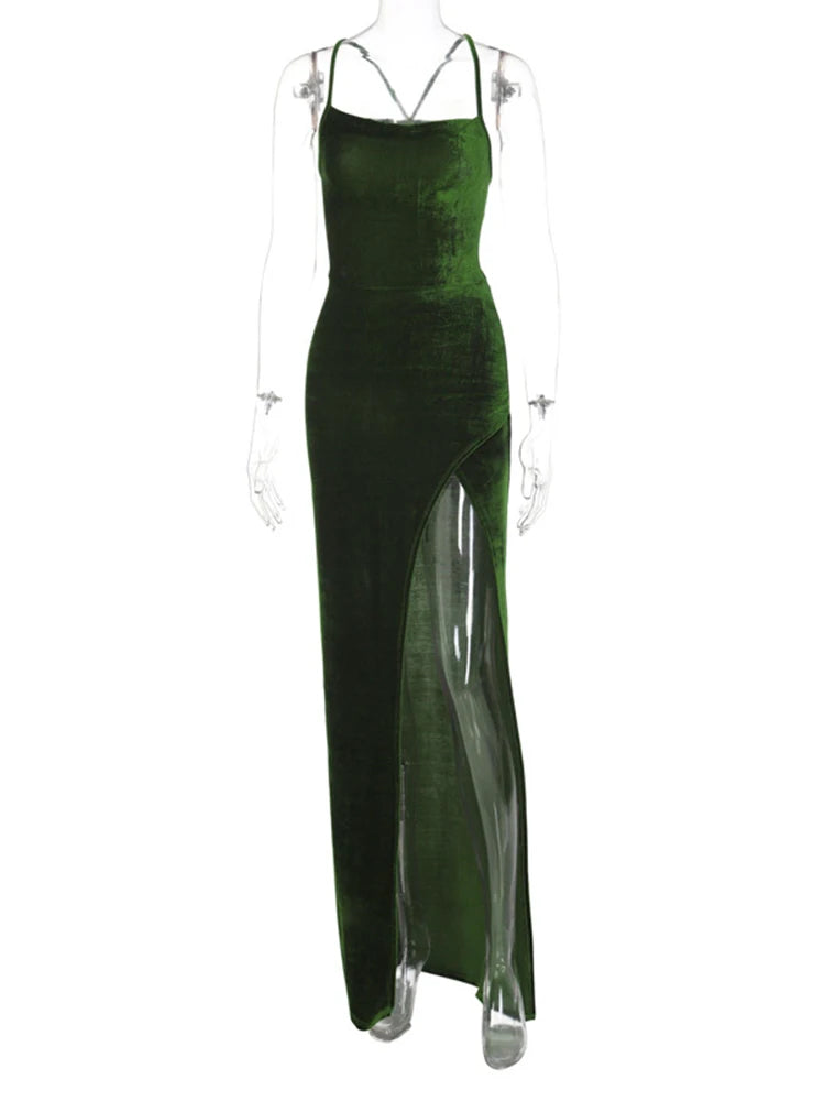 Dulzura - Vestido largo con cordones y tirantes de terciopelo verde para mujer, con abertura lateral, espalda descubierta, ajustado, sexy, para fiesta de graduación, elegante, para fiesta de cumpleaños