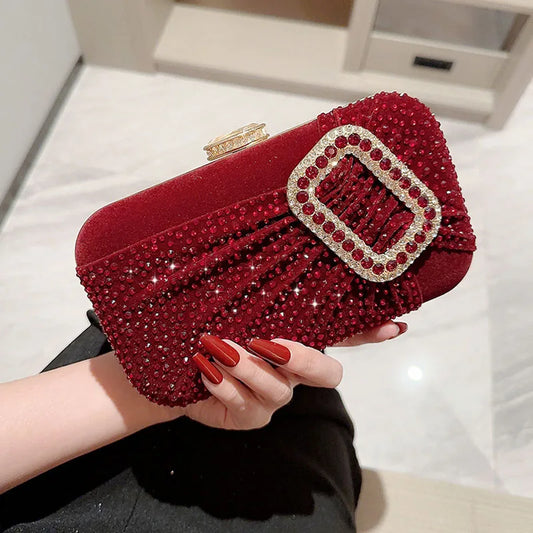 Bolsos de noche con diamantes de imitación de color rojo vino para mujer, bolsos de mano de tela de terciopelo a la moda, bolsos de mano para dama, bolsos para bodas y fiestas