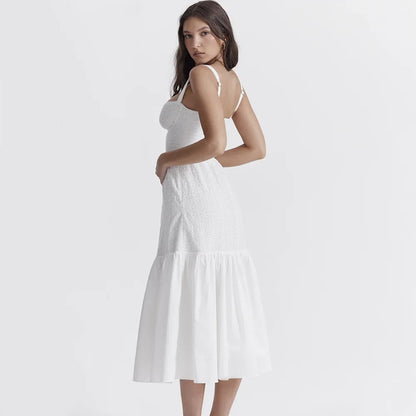 Suninheart - Vestido elegante y bonito de verano de alta calidad para mujer, vestido de jacquard de mezcla de algodón blanco, vestido de fiesta de vacaciones a media pierna