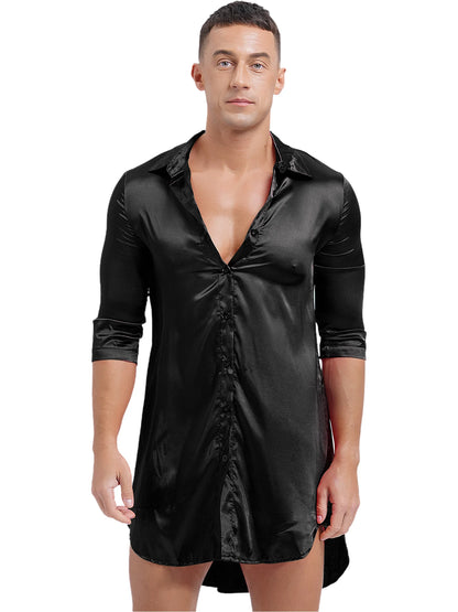 Chemise en satin de soie pour homme Sissy, couleur unie, longue robe portefeuille, peignoir, kimono, chemise de nuit, pyjama, vêtements de nuit, vêtements de détente