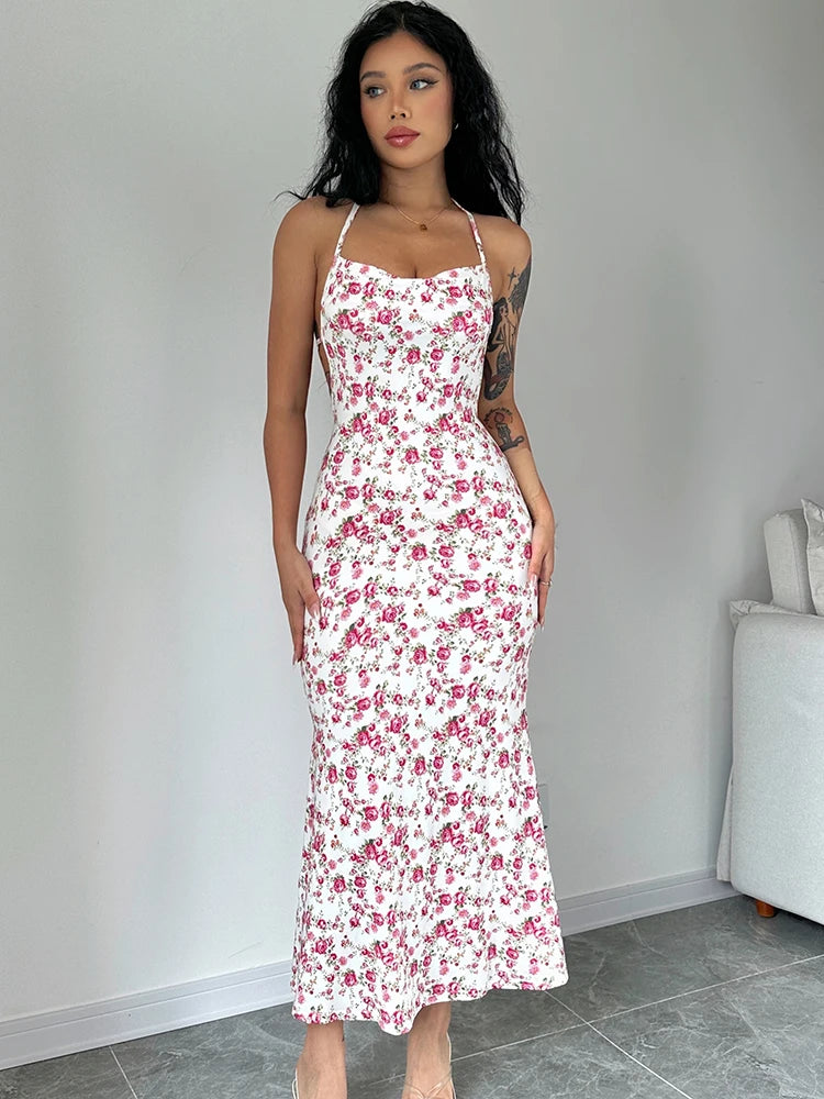 Dulzura - Vestido largo con cuello halter y encaje floral para mujer, vestido midi ajustado sin espalda, atuendo sexy para fiesta y club, ropa de calle, vestido de verano