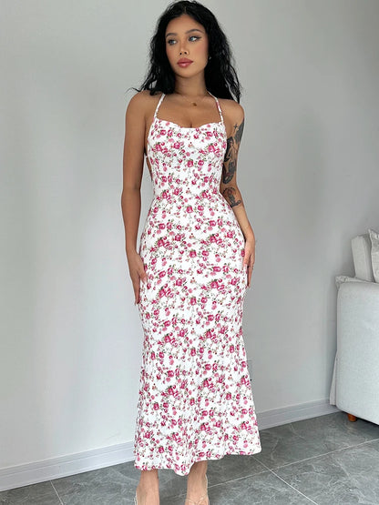 Dulzura - Vestido largo con cuello halter y encaje floral para mujer, vestido midi ajustado sin espalda, atuendo sexy para fiesta y club, ropa de calle, vestido de verano