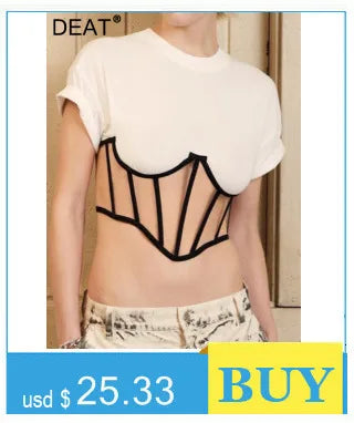 DEAT Fashion Conjunto de 2 piezas para mujer, nuevo top holgado de manga corta con cuello redondo plisado y pantalones rectos de cintura alta, verano 2024 17A1390