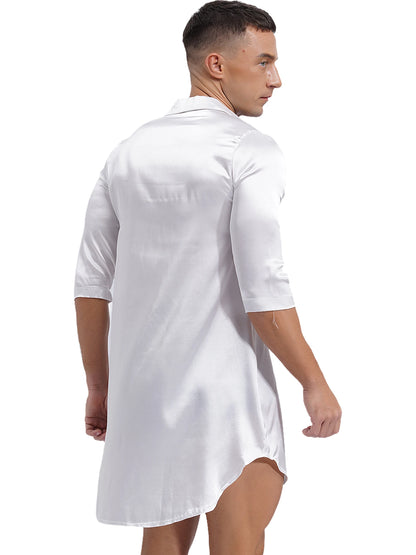 Chemise en satin de soie pour homme Sissy, couleur unie, longue robe portefeuille, peignoir, kimono, chemise de nuit, pyjama, vêtements de nuit, vêtements de détente