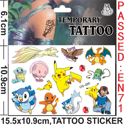 1Pcs/3Pcs/6Pcs Autocollants de tatouage Pokémon Pikachu lumineux non répétitifs Jouets de dessin animé Tatouages ​​temporaires pour enfants Cadeau pour enfants