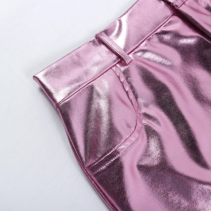 Y2k Pink Metallic Fashion Hot Girls Short Skirt Dummy pocket Slim Fit Bright High Waist Korean Fashion Halfskirt Women Clothing