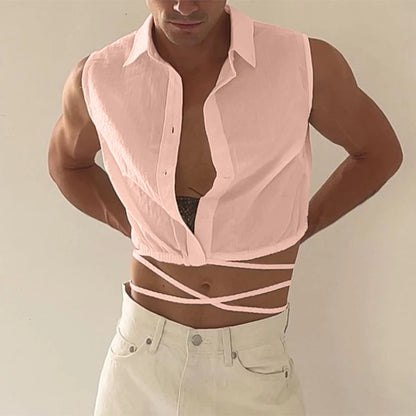 2023 Hommes Chemise Revers Sans Manches Solide Boutonné À Lacets Dos Nu Crop Tops Hommes Streetwear Sexy Mode Camisas S-5XL INCERUN