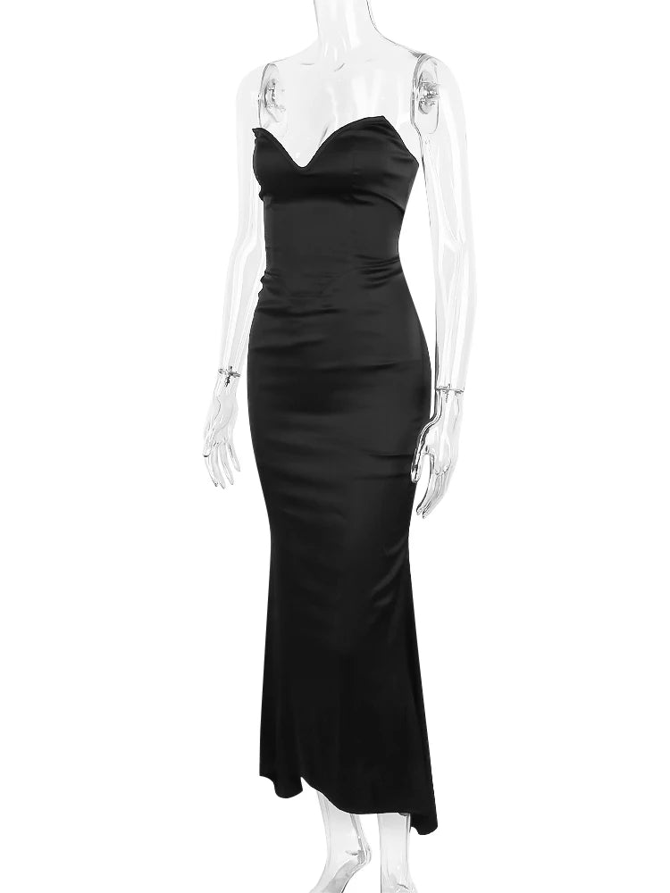 Suninheart - Vestido largo de sirena sin tirantes para mujer, ropa de fiesta, elegante vestido de cóctel negro de doble capa 2023