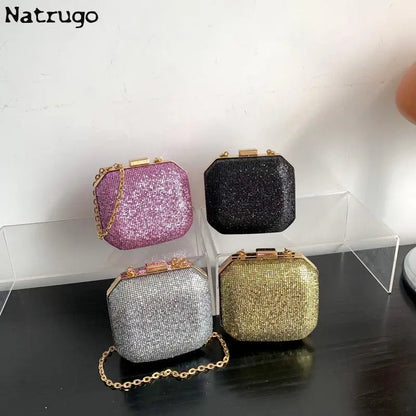 Mini bolso de noche para mujer, bolso de hombro retro con diamantes de imitación a la moda, bolso cruzado con cadena de color dorado, plateado y negro