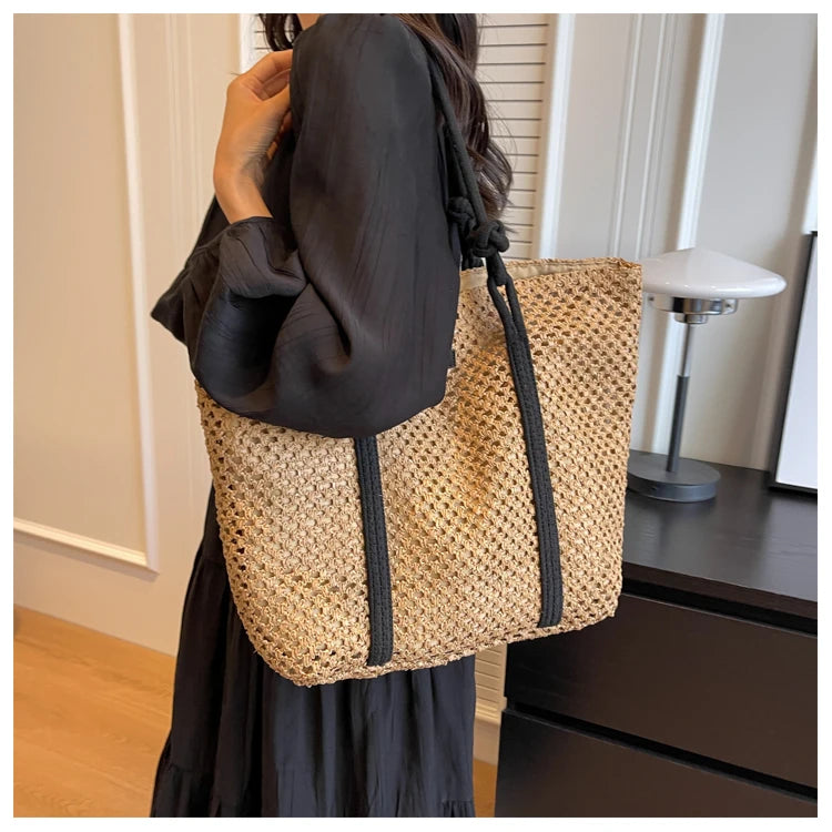 Casual Hollow Out Large Capacity Straw Tote Bag Weave Women Shoulder Bags Handmade Summer Beach Handbags Big Shopper Purses 2024