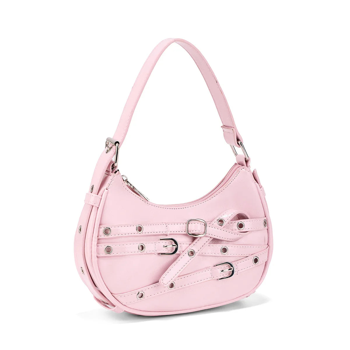 Fashion Belts Deco Halfmoon Women Shoulder Bags Punk Pink Color Handbags  Pu Leather Y2K Crossbody Bag Small Female Purses 2024