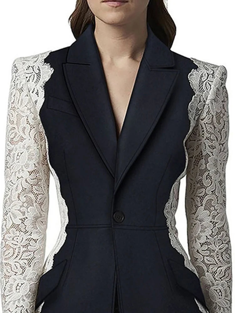 DEAT Fashion Blazer para mujer, nueva moda, chaqueta de traje con muescas de encaje y retazos de manga larga en contraste, otoño 2024, 17A1298