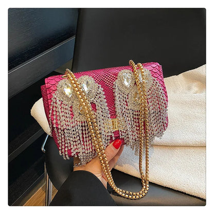 Evening Small Square Bags for Women 2023 Fashion Diamond Tassel Handbag Leather Chain Luxury Party Sparkle Shoulder Bag Woman