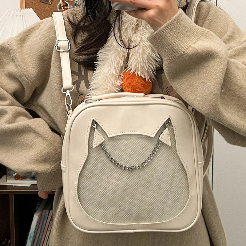 Mochila transparente de piel sintética para mujer, estilo japonés Kawaii Itabag de 3 formas, con forma de gato, de lujo, tipo cartera JK Ita