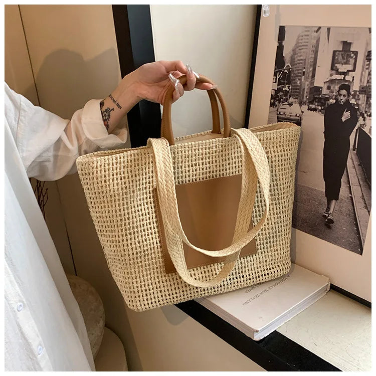 Casual Large Capacity Straw Tote Bag Hollow Paper Weave Women Shoulder Bags Handmade Summer Beach Handbag Big Bali Shopper Purse