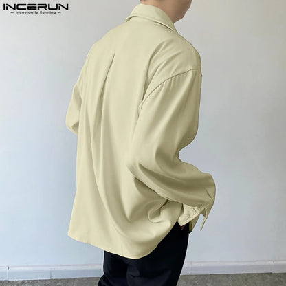 2023 Men Shirt Solid Color Lapel Long Sleeve Lace Up Men Clothing Korean Streetwear Fashion Loose Casual Shirts S-5XL INCERUN