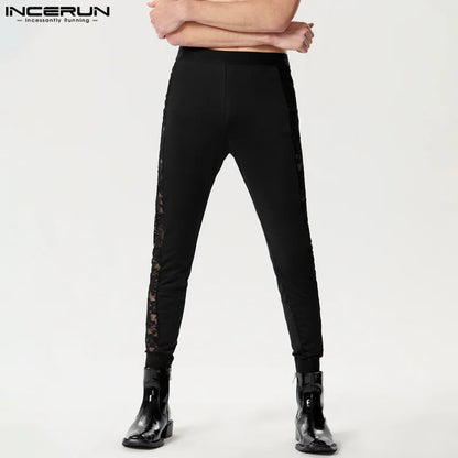 2024 Hommes Pantalons Dentelle Patchwork Sexy Taille Élastique Fitness Hommes Leggings Streetwear Transparent Mode Pantalons S-5XL INCERUN