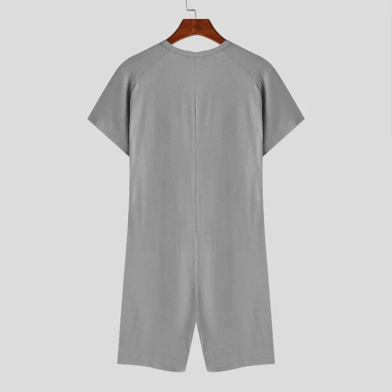 2024 Hommes Barboteuses Pyjamas Couleur Unie Col Rond Manches Courtes Bouton Décontracté Hommes Bodys Skinny Homewear Combinaisons S-5XL INCERUN