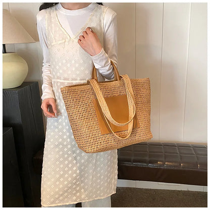 Casual Large Capacity Straw Tote Bag Hollow Paper Weave Women Shoulder Bags Handmade Summer Beach Handbag Big Bali Shopper Purse