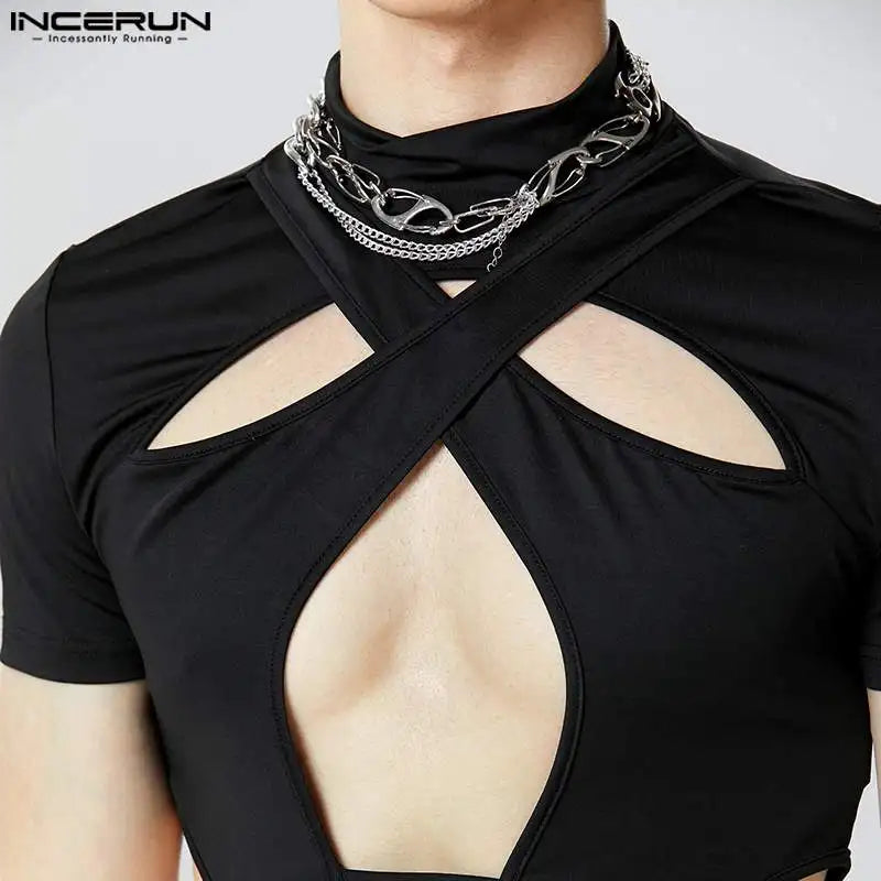 Fashion Men's Homewear Jumpsuits INCERUN 2024 Symmetric Hollow Design Short Sleeve Half High Neck Solid Triangle Bodysuits S-5XL