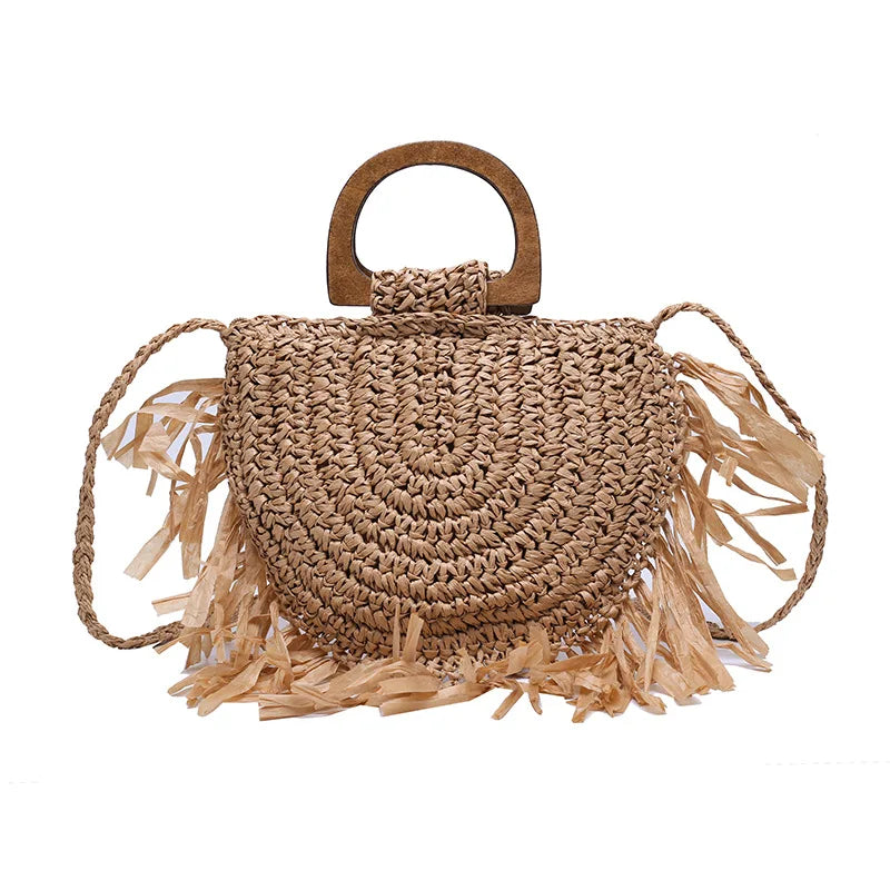 Casual Tassel Straw Women Handbags Wooden Handle Woven Shoulder Crossbody Bags Handmade Summer Beach Bag Small Tote Bali Purses