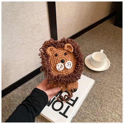 Cute Little Lion Bag For Girls Women's Funny Mobile Phone Coin Purse Winter Knitting Shoulder Crossbody Bag