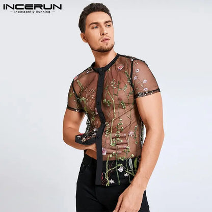 2023 Fashion Men Mesh Shirts Embroidered Short Sleeve Sexy See Through Tops Button Breathable Party Nightclub Shirts INCERUN 5XL