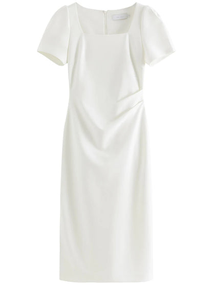 FSLE Vestido blanco de mujer con escote cuadrado y mangas abullonadas cortas, largo y con aberturas, diseño ligeramente plisado, sencillo, 24FS12041