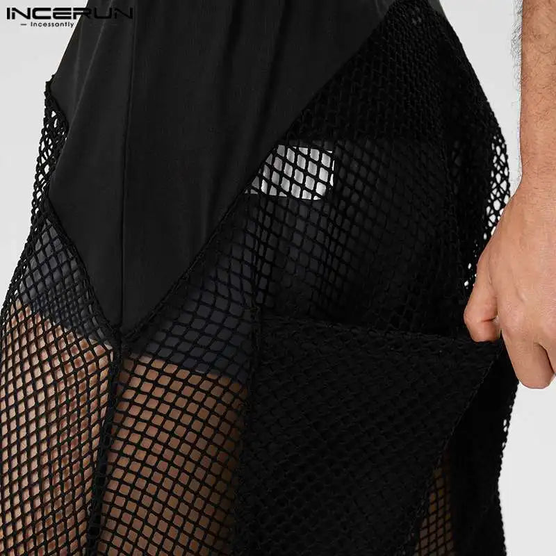 Pantalones nuevos para hombre con estilo sexy INCERUN 2024, pantalones de malla transparente con parches, pantalones elásticos con perspectiva informal, tallas S-5XL