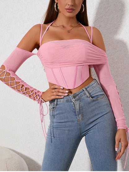 Suninheart Sexy Off The Shoulder Top Women 2024 New in Hollow Out  Long Sleeved Corset Top Casual Party Clubwear