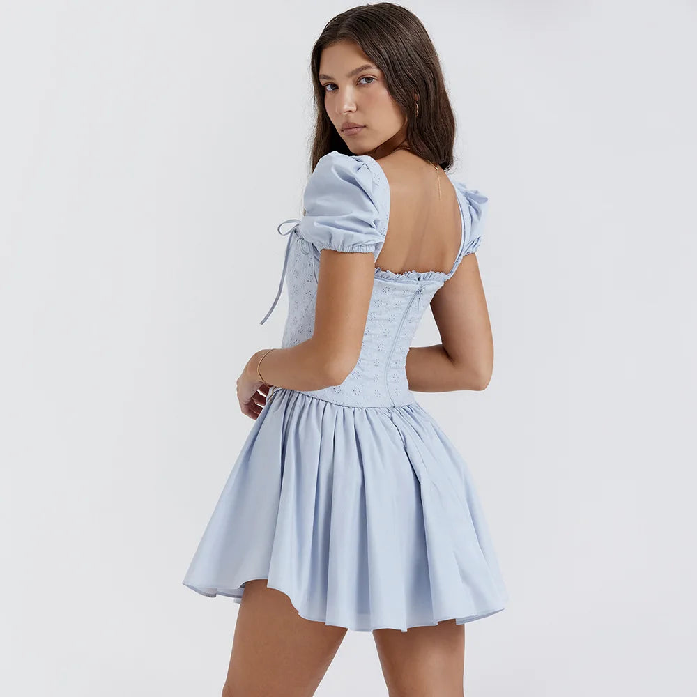 Suninheart Summer Blue Puff Sleeve Corset Dress Mini Elegant A Line Lace Up Holiday Party Dress Square Neck Women Dress 2023