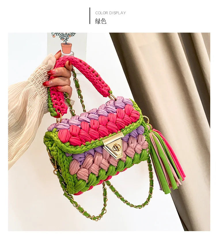 Fashion Colorful Crochet Women Handbags Trend Handmade Woven Chains Shoulder Crossbody Bag Small Flap Female Purses 2024