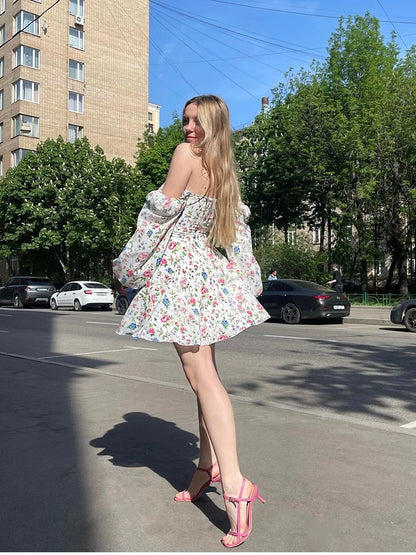 Clearance Sale !! Summer Lantern Sleeve Dress Long Sleeve Floral Print Dress Drawstring Elegant A Line Party Holiday Dress Women