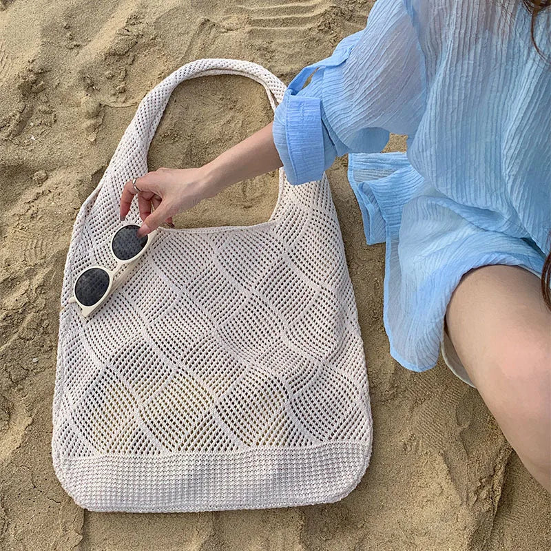 Bolsos de hombro de punto hueco informales para mujer, bolso de mano de gran capacidad, bolso de playa sencillo de verano, bolsos grandes para compras para vacaciones 2024