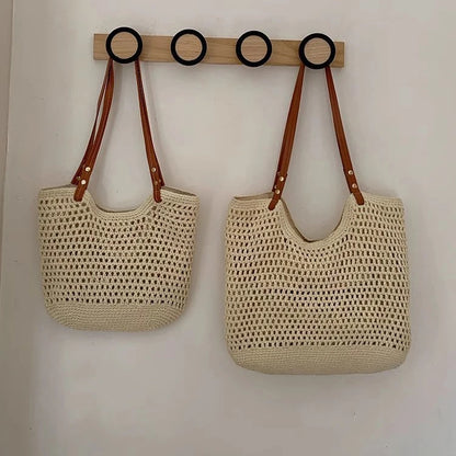 Casual Hollow Out Large Capacity Tote Bag Milk Cotton Weave Women Shoulder Bags Handmade Summer Beach Bag Big Bali Shopper Purse