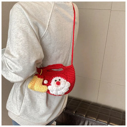 Bolso bandolera tejido a mano con dibujos animados para mujer, bolso para teléfono móvil, bolso bandolera pequeño de punto de Papá Noel, monedero, tarjetero, Kawai