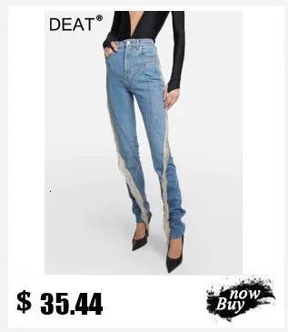 DEAT Fashion Women Denim Pants Loose Low-waisted Metal Hollow Out Floor-length Straight Blue Lady Jeans Spring 2024 New 19F2031