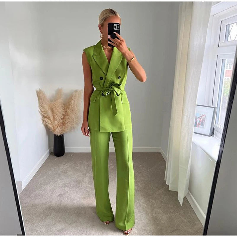 Women Fashion Trousers Two Piece Sets Casual Loose Sleeveless Vest Coat Wide Leg Pants Suits 2023 Spring Commuter Office Set