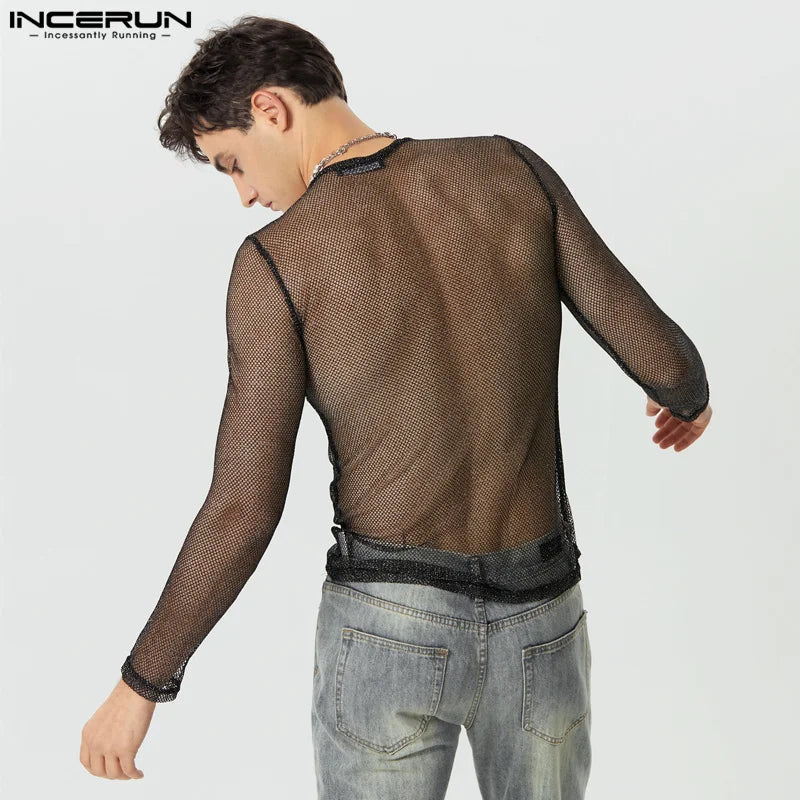 Hauts de style boîte de nuit de fête INCERUN Nouveaux hommes paillettes maille transparente Camiseta Sexy mâle tout-match à manches longues mince T-shirts S-5XL