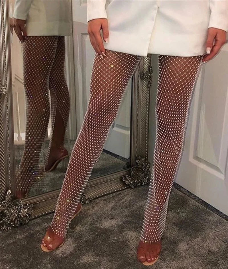 Pantalon crayon sexy transparent ajouré en cristal et diamant brillant pour femme, mode d'été, streetwear, club, fête, pantalon fendu