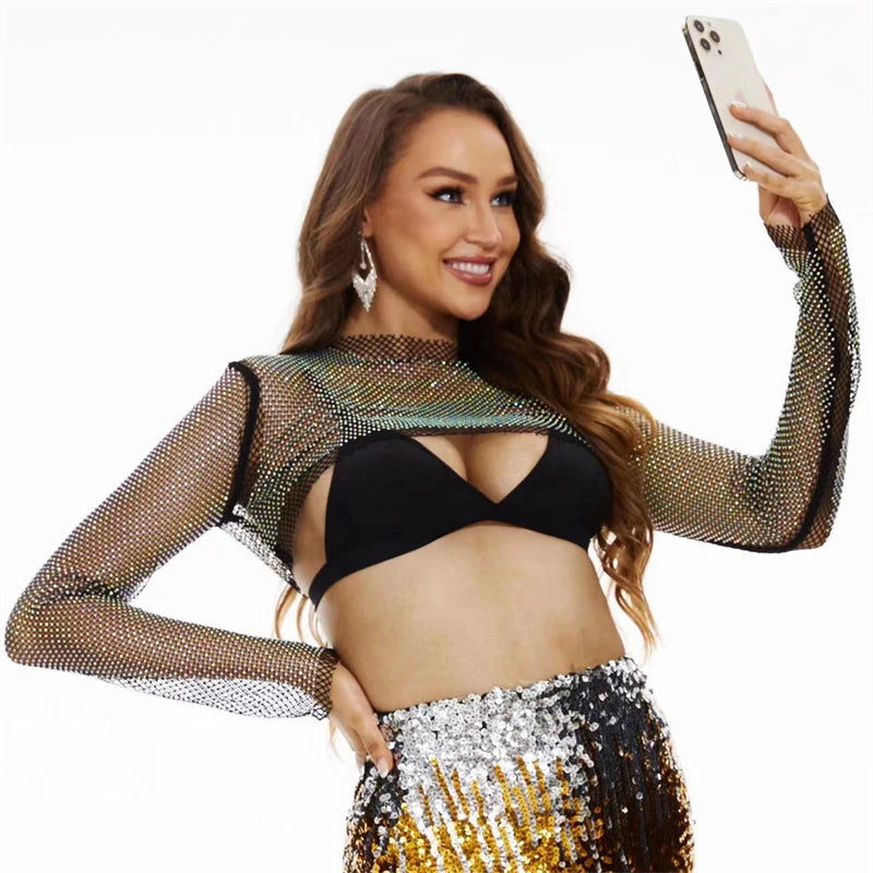 Haut court sexy à manches longues pour femme, débardeur en maille transparente avec strass, vêtement de détente, pour la plage, le carnaval, le club, été, 2024