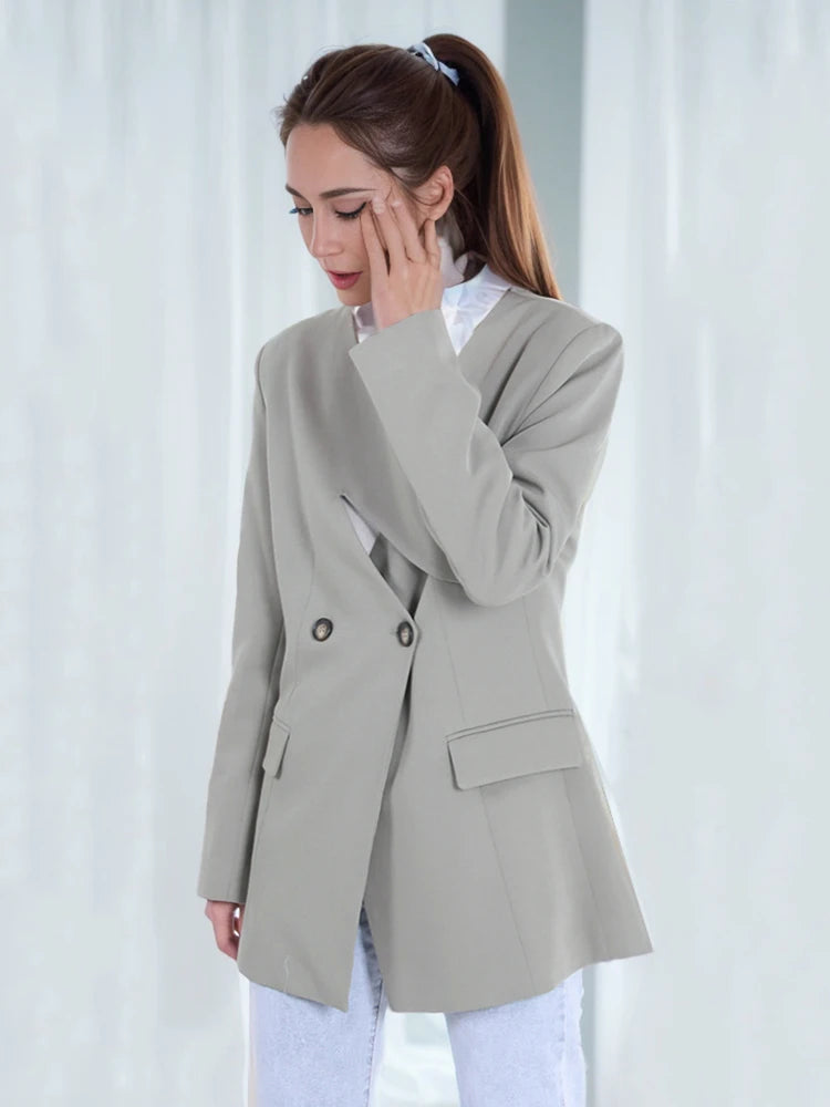 DEAT Fashion Blazer pour femme, col en V, déconstruction, bouton latéral, taille, manches longues, veste de costume grise, printemps 2024, nouvelle tendance CPDB002