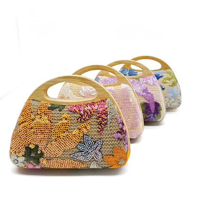 Shinny Sequins Embroidery Clutch Bag for Women Wooden Handle Handbags Flower Shoulder Crossbody Bag Luxury Evening Party Purses