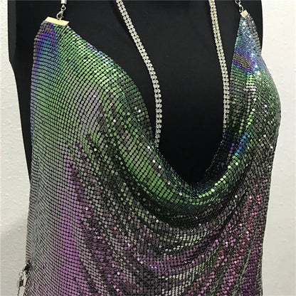 Vestidos de fiesta de metal con cuello halter de diamantes 2024, vestido de verano sexy dorado y plateado, vestidos sin espalda con lentejuelas para mujer, envío directo