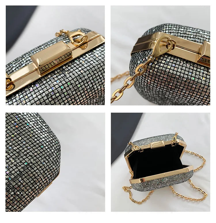 Mini bolso de noche para mujer, bolso de hombro retro con diamantes de imitación a la moda, bolso cruzado con cadena de color dorado, plateado y negro