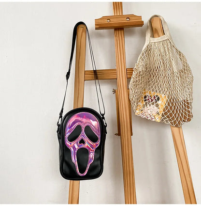 Bolso bandolera para hombre y mujer, estilo coreano, divertido bolso de hombro con calavera fantasma láser, bolso pequeño suave para teléfono móvil