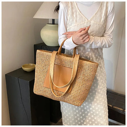 Casual Large Capacity Straw Tote Bag Hollow Paper Weave Women Shoulder Bags Handmade Summer Beach Handbag Big Bali Shopper Purse